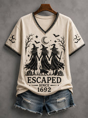 Women's Funny Halloween Escaped Since 1692 Witches Print Casual V-Neck Tee