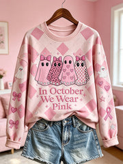 Women's Breast Cancer Theme Halloween Elements Pattern Printed Casual Sweatshirt