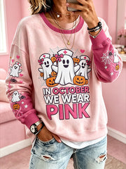 Women's Breast Cancer Theme Halloween Elements Pattern Printed Casual Sweatshirt