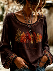 Women's Fall Trees Fall Leaves Printed Cotton-Linen Shirt