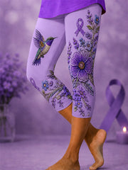 Women's Purple Floral & Hummingbird Print Alzheimer's Awareness Support Cropped Leggings