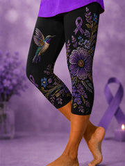 Women's Purple Floral & Hummingbird Print Alzheimer's Awareness Support Cropped Leggings