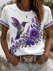 Women's Purple Floral & Hummingbird Print Alzheimer's Awareness Support Tee