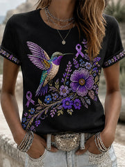 Women's Purple Floral & Hummingbird Print Alzheimer's Awareness Support Tee