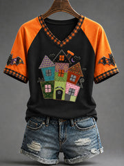 Women's Halloween Haunted House Gothic Art Print Casual T-shirt