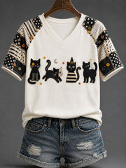 Women's Halloween Cat Gothic Art Print Casual T-shirt