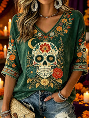 Women's Day of the Dead Plant And Flower Pattern Printed Casual Mid-length Sleeves V-Neck T-Shirt