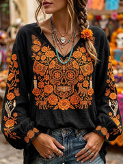 Women's Day Of The Dead Sugar Skull Mexican Floral Print Comfy V Neck Shirt
