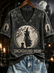 Women's Dachshund Mom Halloween Witch & Dog Full Moon Print short-sleeved T-shirt