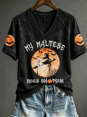 Women's My Maltese Rides Shotgun Halloween Witch & Dog Print short-sleeved T-shirt