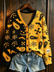 Women's Halloween-themed print and color-blocked design casual cardigan