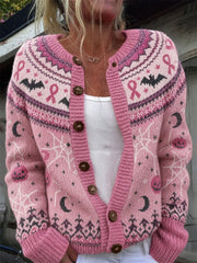Women's Vintage Halloween Breast Cancer Pink Ribbon Isle Pattern Print Cardigan