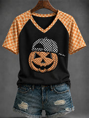 Women's Halloween Pumpkin Printed V-neck T-shirt