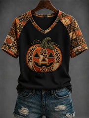 Women's Halloween Pumpkin Printed V-neck T-shirt