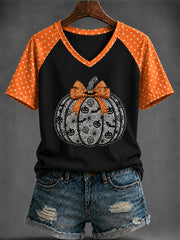 Women's Halloween Pumpkin Printed V-neck T-shirt