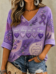 Women's Purple Floral & Alzheimer's Awareness Support Print V-Neck Tee