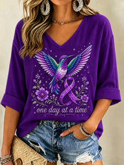 Women's Purple Floral & Hummingbird Print Alzheimer's Awareness Support V-Neck Tee