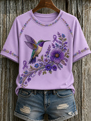 Women's Purple Floral & Hummingbird Print Alzheimer's Awareness Support Tee