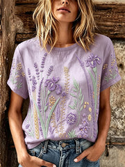 Women's purple plant flower pattern printed casual linen short-sleeved T-shirt