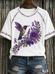 Women's Purple Floral & Hummingbird Print Alzheimer's Awareness Support Tee