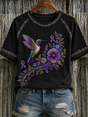 Women's Purple Floral & Hummingbird Print Alzheimer's Awareness Support Tee
