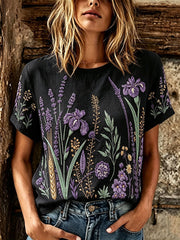 Women's purple plant flower pattern printed casual linen short-sleeved T-shirt