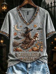 Women's Halloween Fall Cavalier Mom Witch & Dog Print short-sleeved T-shirt