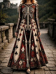 Women's Halloween Gothic Skeleton & Floral Poker Print Pattern Maxi Dress