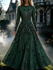 Women's Retro Gothic Skull Floral Pattern Maxi Halloween Dress