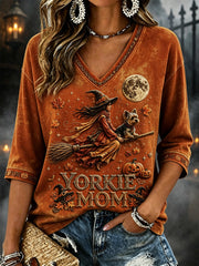 Women's Yorkie Mom Halloween Fall Witch & Dog Print Mid-length Sleeves V-Neck T-Shirt