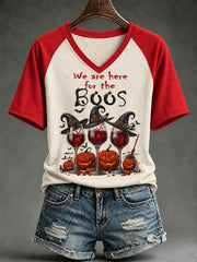 Women's We Are Here For The Boos Halloween Witch Wine Glass V-neck T-shirt
