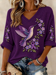 Women's Alzheimer's Disease Flowers Printed Mid-length Sleeves V-neck T-shirt