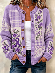 Women's Alzheimer's Disease Purple Floral Cardigan-Style Knit Jacket