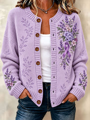 Women's Alzheimer's Disease Purple Floral Cardigan-Style Knit Jacket