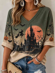 Women's Retro Halloween Town Witch Mid-length Sleeves V-Neck T-Shirt