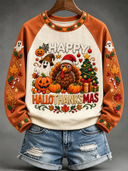 Women's Happy Hallothanksmas Print Halloween Thanksgiving Christmas Casual Sweatshirt