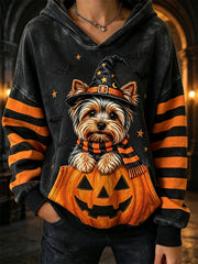 Women's Halloween Peeking Yorkie Dog Witch & Pumpkin Print Cozy Hoodie