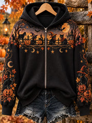 Women's Halloween Witch Cat Zip-Up Hoodie