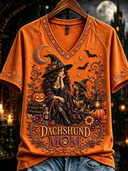 Women's Fall Halloween Dachshund Witch Mom Print Short Sleeve T-Shirt