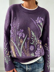 Women's purple flowers pattern printed causal long-sleeved sweater