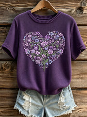 Women's purple flowers pattern printed causal short-sleeved sweater