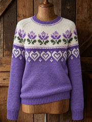 Women's Vintage Purple Floral Yoke Isle Print Cozy Sweater