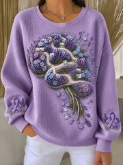 Women's Alzheimer's Awareness Floral Brain Art Print Ribbed Round-Neck Sweatshirt