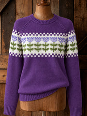 Women's Vintage Purple Floral Yoke Isle Print Cozy Sweater