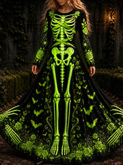 Women's Vintage Halloween Skeleton And Floral Art Print Crew Neck Long Sleeve Maxi Dress