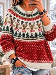Women's Reindeer & Pine Tree Long Sleeve Crewneck Sweater