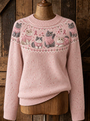 Women's Cat Pattern and Pink Charity Ribbon Design Casual Raglan Sleeve Sweater
