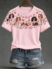 Women's Dog Pattern and Pink Charity Ribbon Design Casual Short sleeve T-shirt