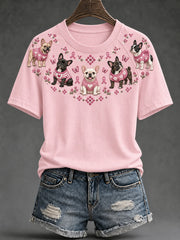 Women's Dog Pattern and Pink Charity Ribbon Design Casual Short Sleeve T-Shirt