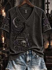 Women's Vintage Halloween Gothic Print V-neck Short-sleeved T-shirt